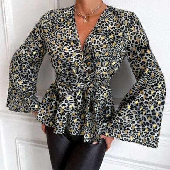 Leopard & Gold Dot Print Trumpet Sleeve Knotted Pe - Picture 6 of 6